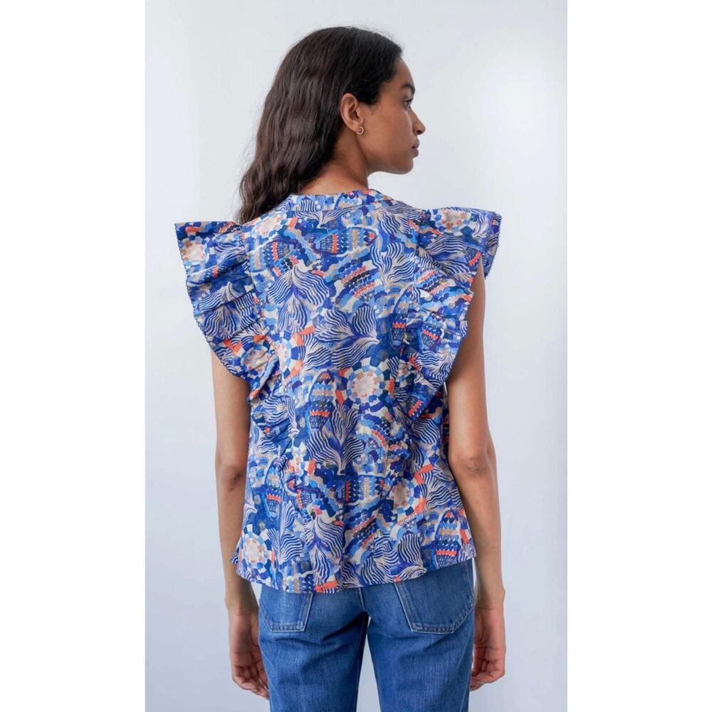 Chufy Dekker Mosaic Flutter Sleeve Gone Jammin Top Blue Multi Guipure Size XS - Picture 3 of 11